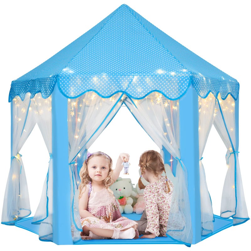 Monobeach Princess Castle Playhouse for Girls  Large Kids Tent with Star Lights for Indoor  Outdoor Play 55 x 53 DxH Blue Princess Tent with Little Star Lights - Image 3