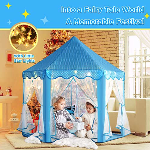 Monobeach Princess Castle Playhouse for Girls  Large Kids Tent with Star Lights for Indoor  Outdoor Play 55 x 53 DxH Blue Princess Tent with Little Star Lights - Image 5
