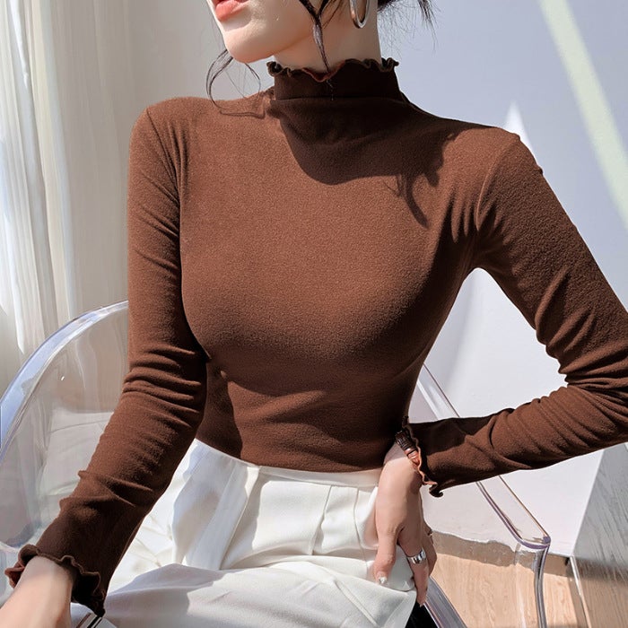 Double-Sided Velvet Semi-High Collar Base Shirt Women'S Long Sleeve T-Shirt With Sanding Thickened Style - Image 1