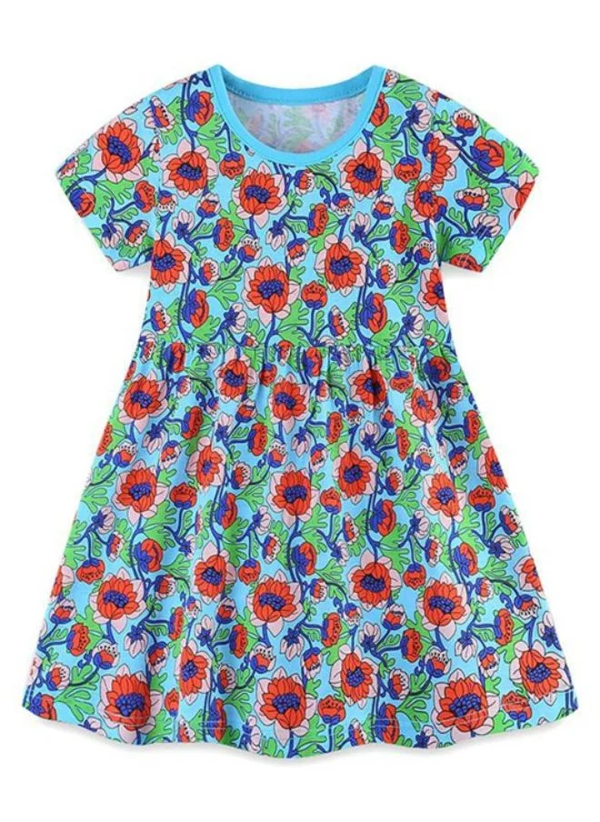 YUNIQEE Turquoise Blue A-Line Crew Neck Printed Dress