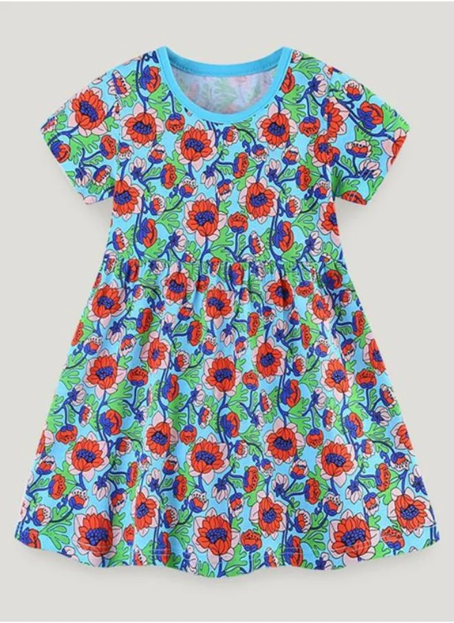 YUNIQEE Turquoise Blue A-Line Crew Neck Printed Dress