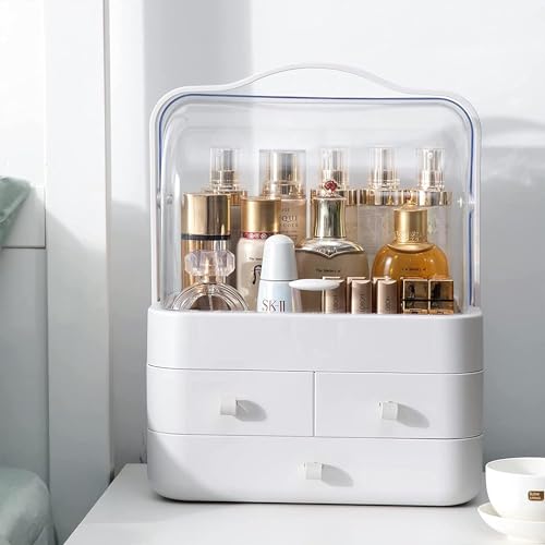 Mammoth Makeup Organizer Cosmetic Display with Drawers High Transparent Acrylic Cover Fully Open Waterproof Dust-Proof Portable Handle Jewelry, Skincare BathroomDresser Bedroom Countertop (White) - Image 1