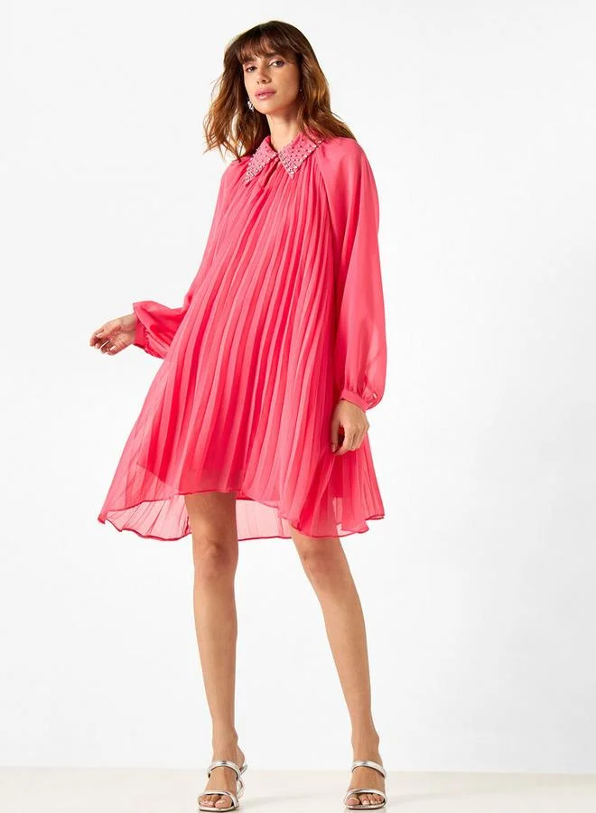 2Xtremz 2Xtremz Pleated Dress with Embellished Collar and Bishop Sleeves