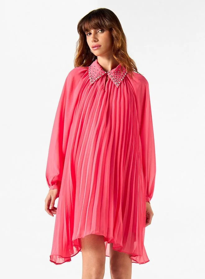 2Xtremz 2Xtremz Pleated Dress with Embellished Collar and Bishop Sleeves
