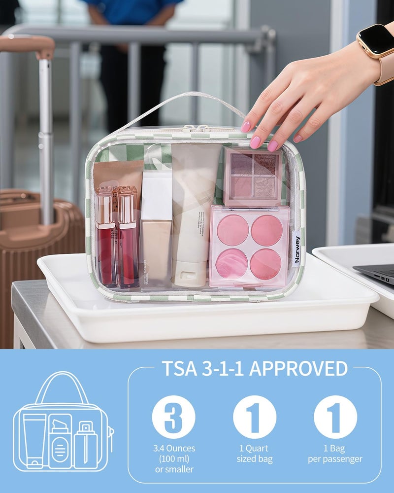 Narwey TSA Approved Toiletry Bag Carry on Clear Toiletry Bag Makeup Bag, Airport Airline Quart Size Travel Bags, Waterproof Portable Compact Cosmetic Make up Organizer Bag (Mint Green Checkerboard) - Image 2
