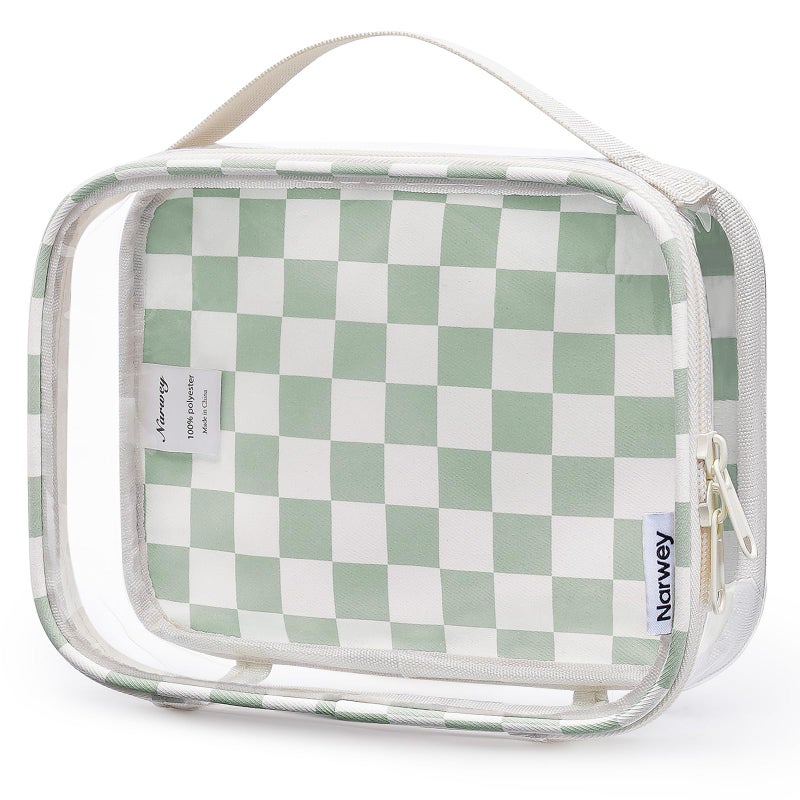 Narwey TSA Approved Toiletry Bag Carry on Clear Toiletry Bag Makeup Bag, Airport Airline Quart Size Travel Bags, Waterproof Portable Compact Cosmetic Make up Organizer Bag (Mint Green Checkerboard) - Image 1