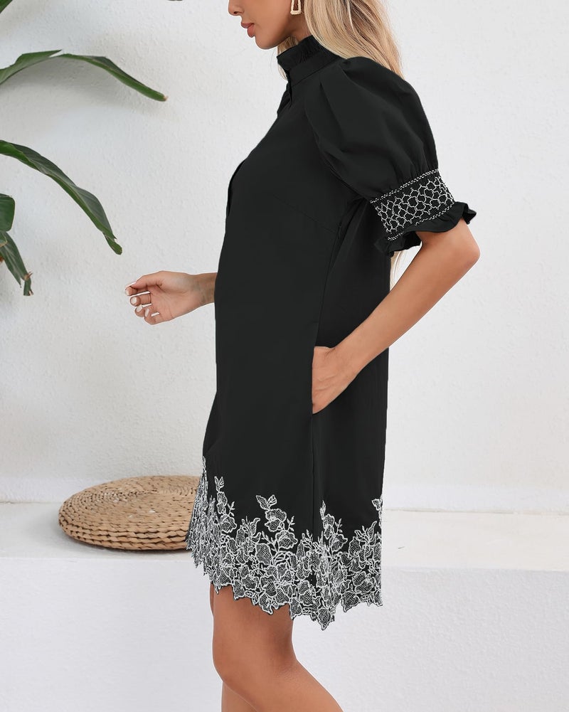 YEXPINE Women's Summer Embroidered Mini Dress Short Puff Sleeve Ruffle Collar Button Front Shift Dress Black - Image 3