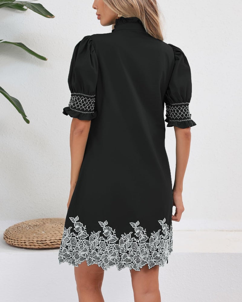 YEXPINE Women's Summer Embroidered Mini Dress Short Puff Sleeve Ruffle Collar Button Front Shift Dress Black - Image 4