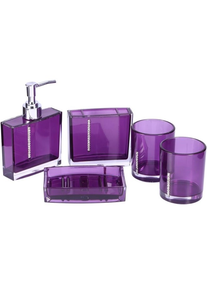 silvercnc 5 Pack Purple Bathroom Accessory Set with Liquid Soap Dispenser, 2 Tumbler, Soap Holder, Toothbrush Holder for Bathroom 