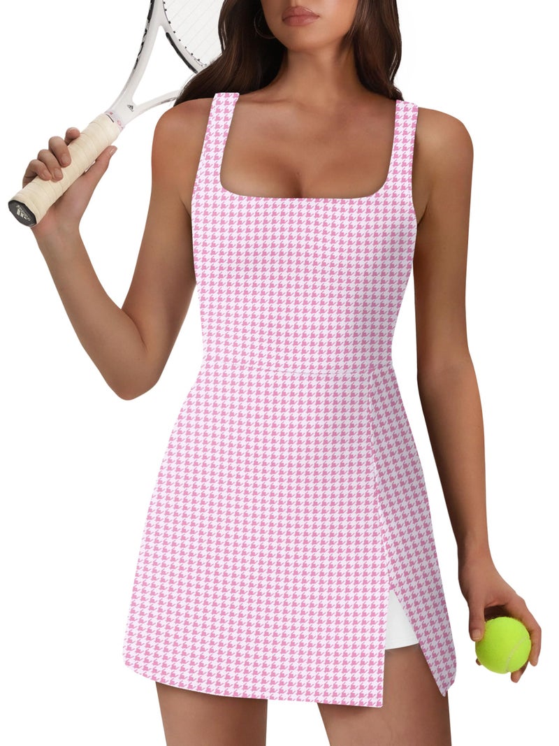 OFEEFAN Womens Athletic Dress Tennis Golf Bodycon Workout Active Skort Summer Clothes Casual Graduation Concert Date Spring Outfits Pink Houndstooth M - Image 2