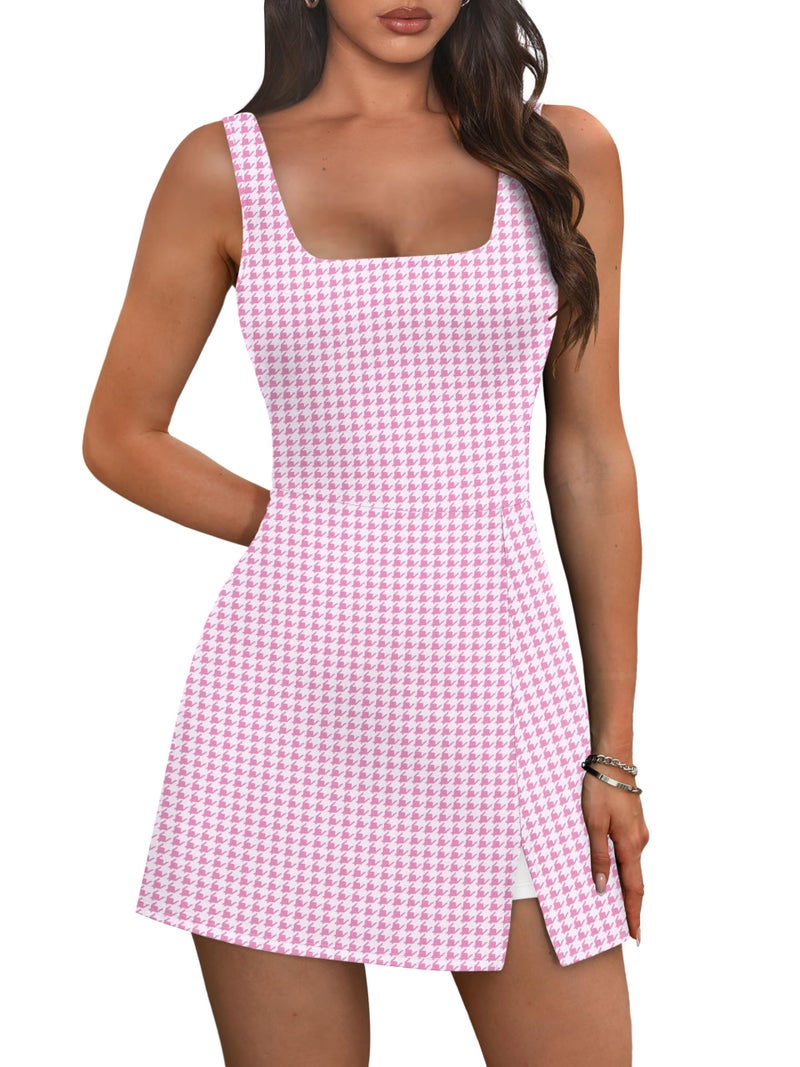 OFEEFAN Womens Athletic Dress Tennis Golf Bodycon Workout Active Skort Summer Clothes Casual Graduation Concert Date Spring Outfits Pink Houndstooth M - Image 1