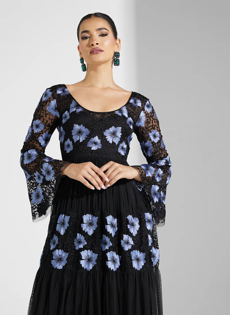 Frock and Frill Floral Embroidered Maxi Dress