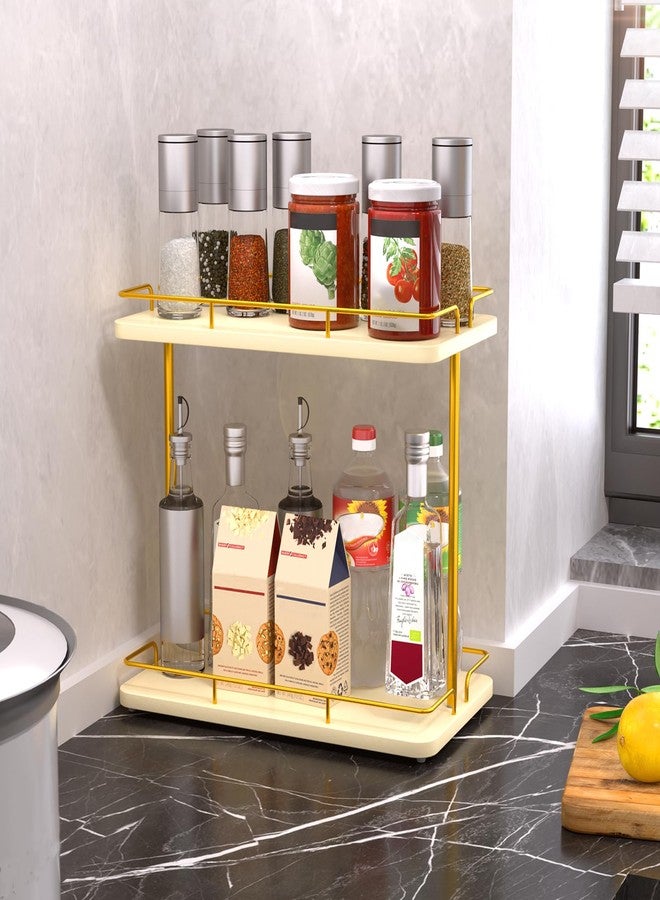 REFGY 2 Tier Bathroom Countertop Organizer, Solid Wood Desktop Storage Shelf with Gold Metal Frame, Versatile Spice Rack & Makeup Organizer for Kitchen, Dresser, Home Essentials - Image 3