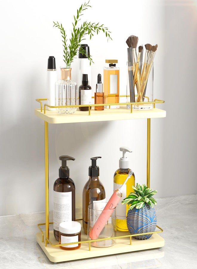 REFGY 2 Tier Bathroom Countertop Organizer, Solid Wood Desktop Storage Shelf with Gold Metal Frame, Versatile Spice Rack & Makeup Organizer for Kitchen, Dresser, Home Essentials - Image 1