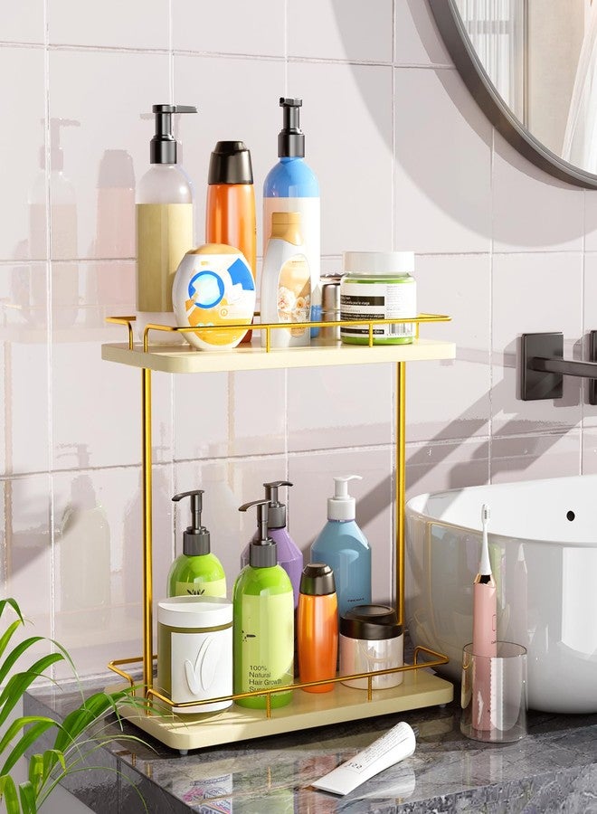 REFGY 2 Tier Bathroom Countertop Organizer, Solid Wood Desktop Storage Shelf with Gold Metal Frame, Versatile Spice Rack & Makeup Organizer for Kitchen, Dresser, Home Essentials - Image 5