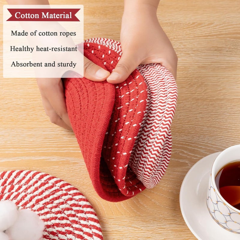 SHACOS 8 Inches Trivets for Hot Dishes, 4 Pieces Cotton Trivets Mats for Kitchen, Hot Pads for Countertops and Table, Heat-Resistant Pot Holders for Hot Pots and Pans(Red, 4pcs) - Image 5