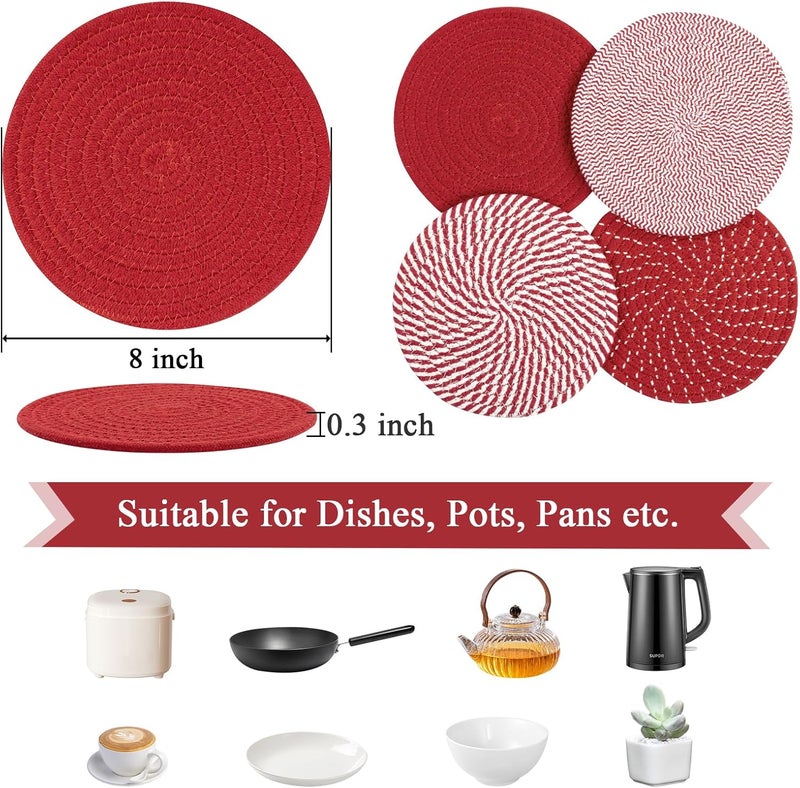 SHACOS 8 Inches Trivets for Hot Dishes, 4 Pieces Cotton Trivets Mats for Kitchen, Hot Pads for Countertops and Table, Heat-Resistant Pot Holders for Hot Pots and Pans(Red, 4pcs) - Image 3