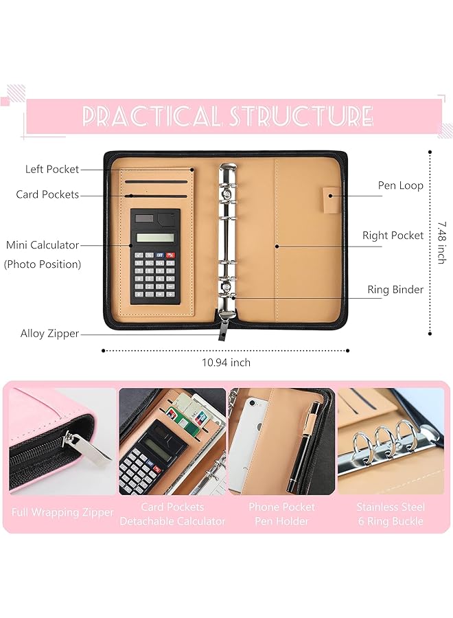 إيروريكس مجلد ميزانية مع مظاريف بسحاب ومظاريف نقدية للميزانية، مخطط ميزانية من الجلد الصناعي بحجم A6 مع مظاريف نقدية، آلة حاسبة، منظم أموال الفواتير لتوفير النقود، نظام الميزانية، محفظة باللون الوردي - Image 4