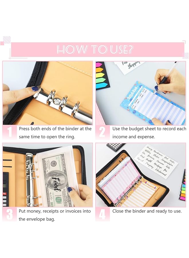 إيروريكس مجلد ميزانية مع مظاريف بسحاب ومظاريف نقدية للميزانية، مخطط ميزانية من الجلد الصناعي بحجم A6 مع مظاريف نقدية، آلة حاسبة، منظم أموال الفواتير لتوفير النقود، نظام الميزانية، محفظة باللون الوردي - Image 5
