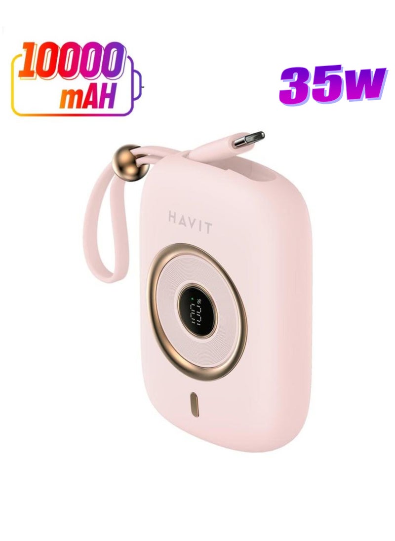 havit - Havit Fast Power Bank  PB5214 10000mAh 35W built-in USB-C cable with smart digital display- pink - Image 1