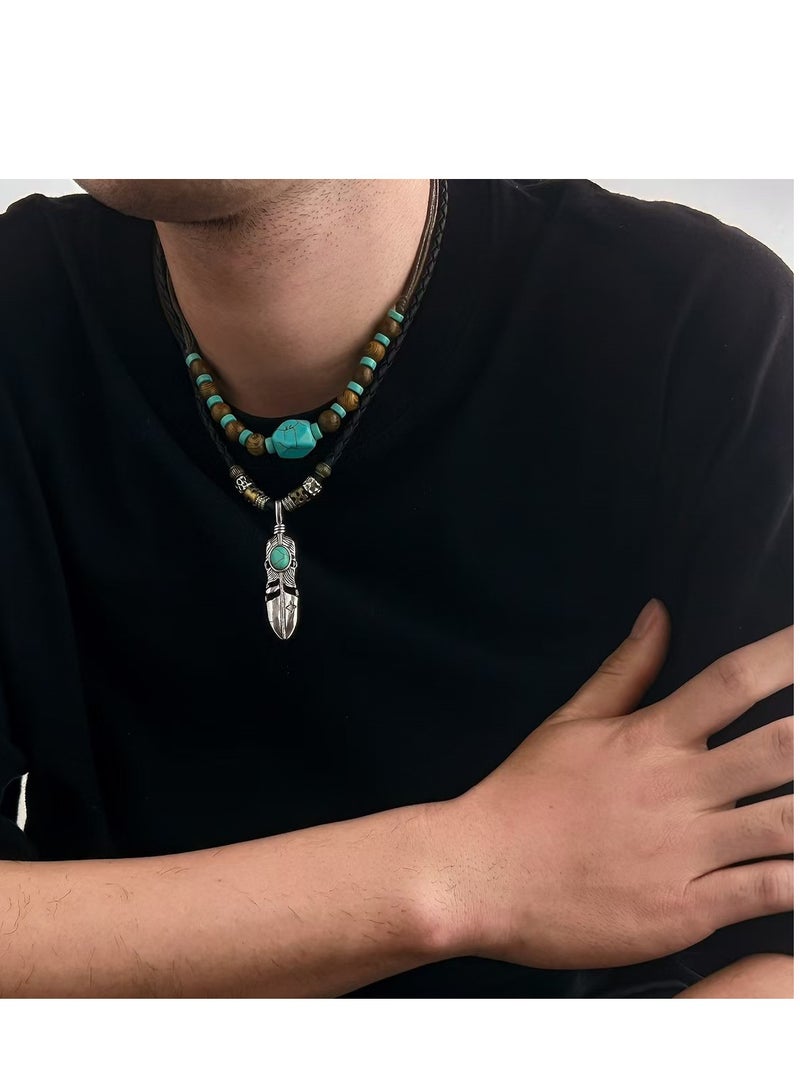 general Turquoise pendant necklace, double-layer chain, suitable for wearing over clothes - Image 3
