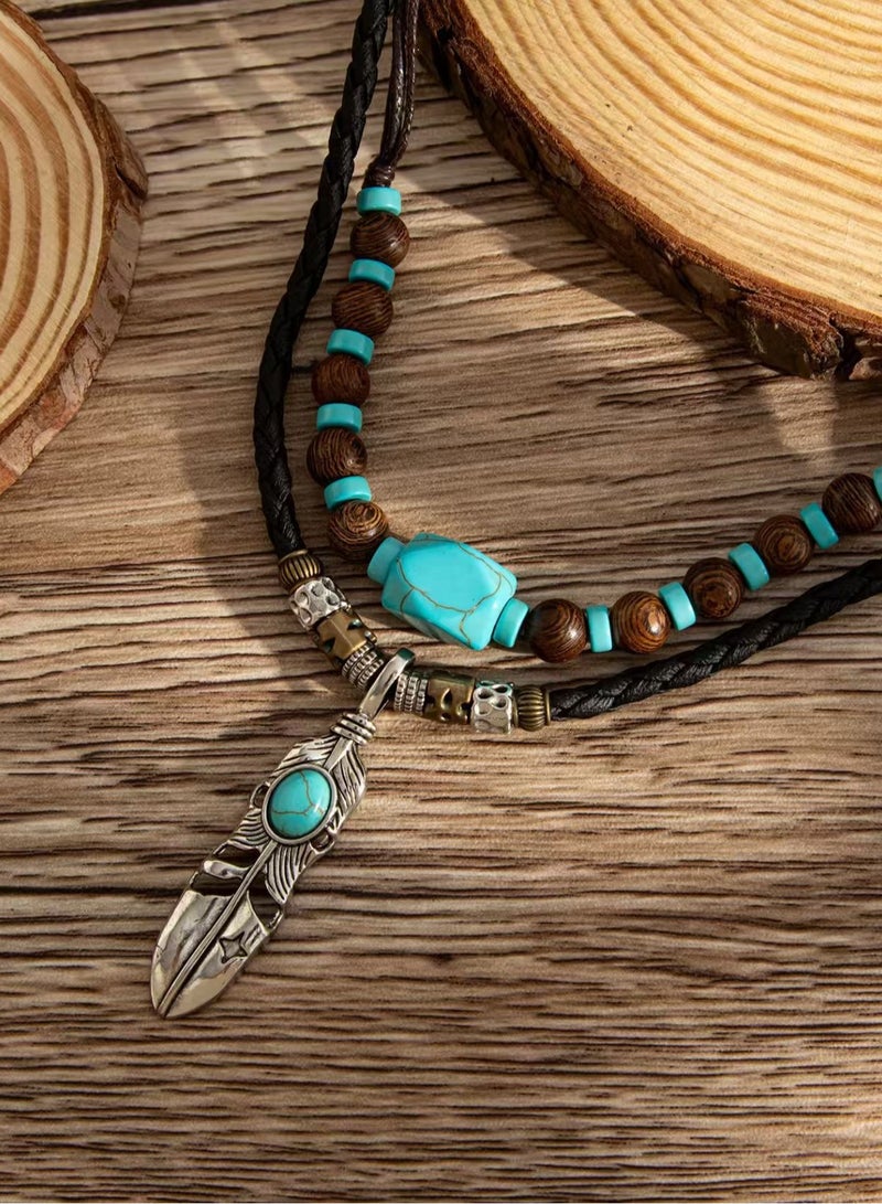general Turquoise pendant necklace, double-layer chain, suitable for wearing over clothes - Image 2