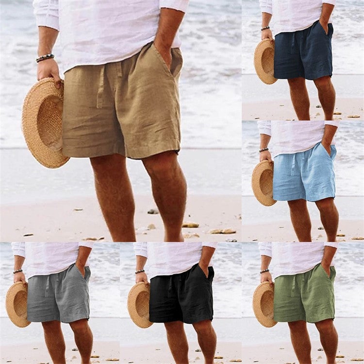 Men'S Shorts Cotton Linen Summer Drawstring Elastoic Waist Straight Legs Solid Color Comfortable Breathable Short Daily Beach - Image 2