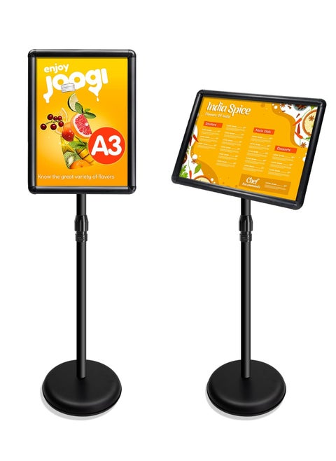 A3 Sign Stand Adjustable Poster Stand Aluminum Snap Frame Menu Stand Replaceable Advertising Rack Floor Display Stands with Safety Corner and Stable Round Base (Black, A3)