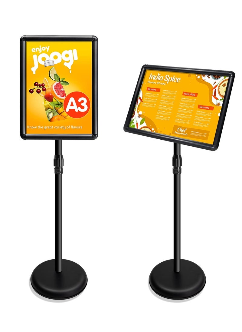 Excefore - A3 Sign Stand Adjustable Poster Stand Aluminum Snap Frame Menu Stand Replaceable Advertising Rack Floor Display Stands with Safety Corner and Stable Round Base (Black, A3) - Image 1