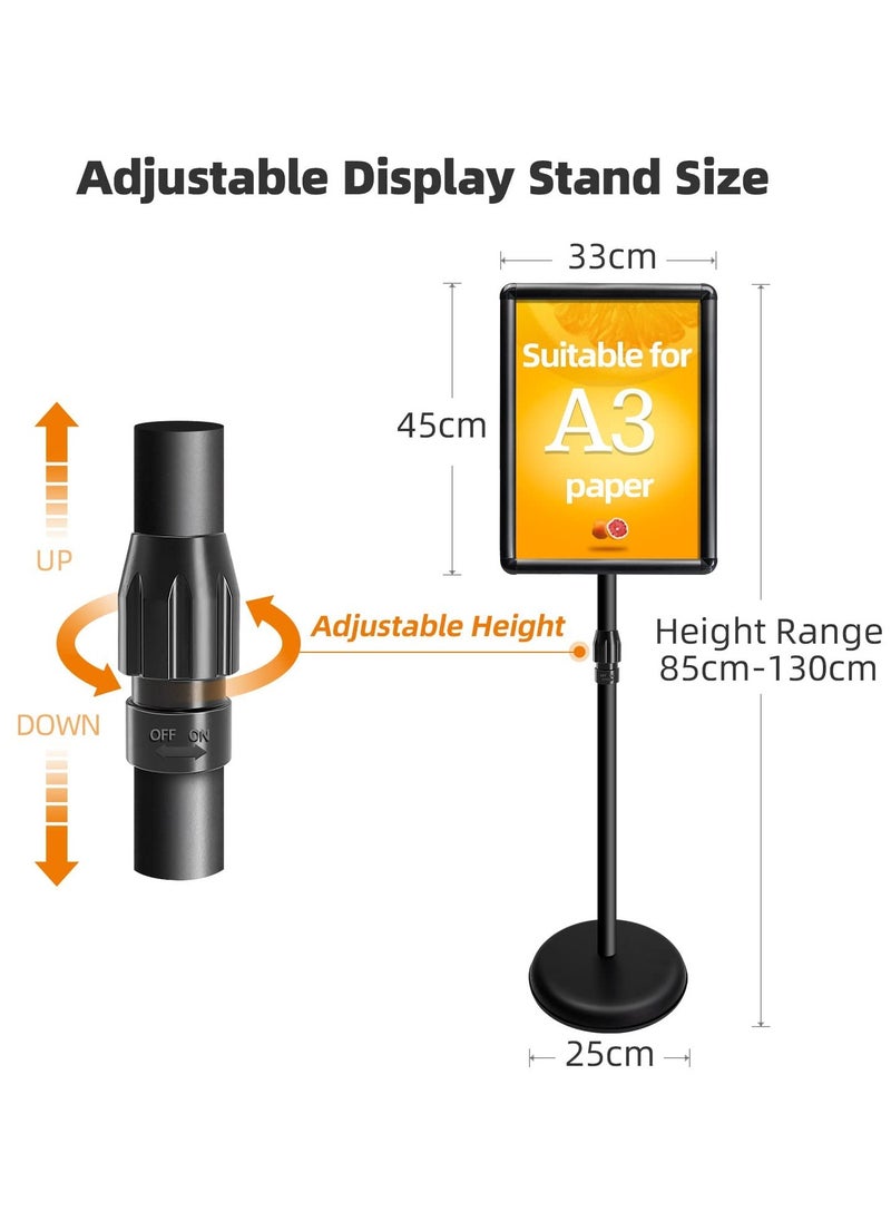 Excefore - A3 Sign Stand Adjustable Poster Stand Aluminum Snap Frame Menu Stand Replaceable Advertising Rack Floor Display Stands with Safety Corner and Stable Round Base (Black, A3) - Image 1