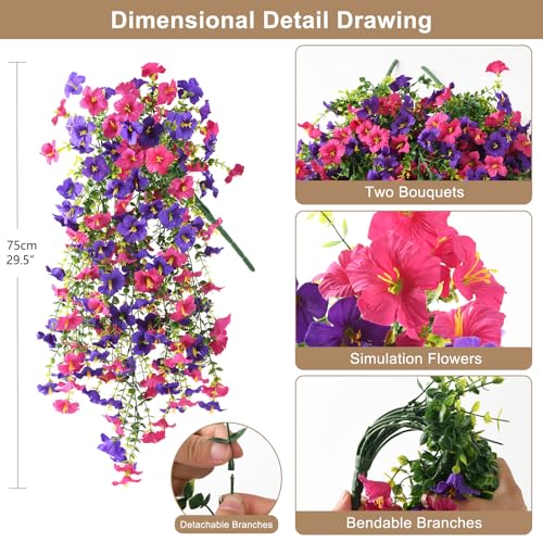 ZFProcess Artificial Hanging Flowers Plants for Outdoor Spring Summer Decoration, 2PCS Faux Silk Morning glory UV Resistant Look Real for Outside Home Indoor Planter Porch Garden Yard Decor(Deep Purple Red) - Image 2