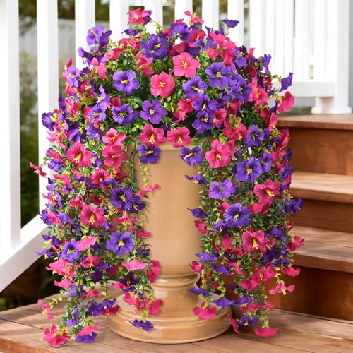 ZFProcess Artificial Hanging Flowers Plants for Outdoor Spring Summer Decoration, 2PCS Faux Silk Morning glory UV Resistant Look Real for Outside Home Indoor Planter Porch Garden Yard Decor(Deep Purple Red) - Image 1