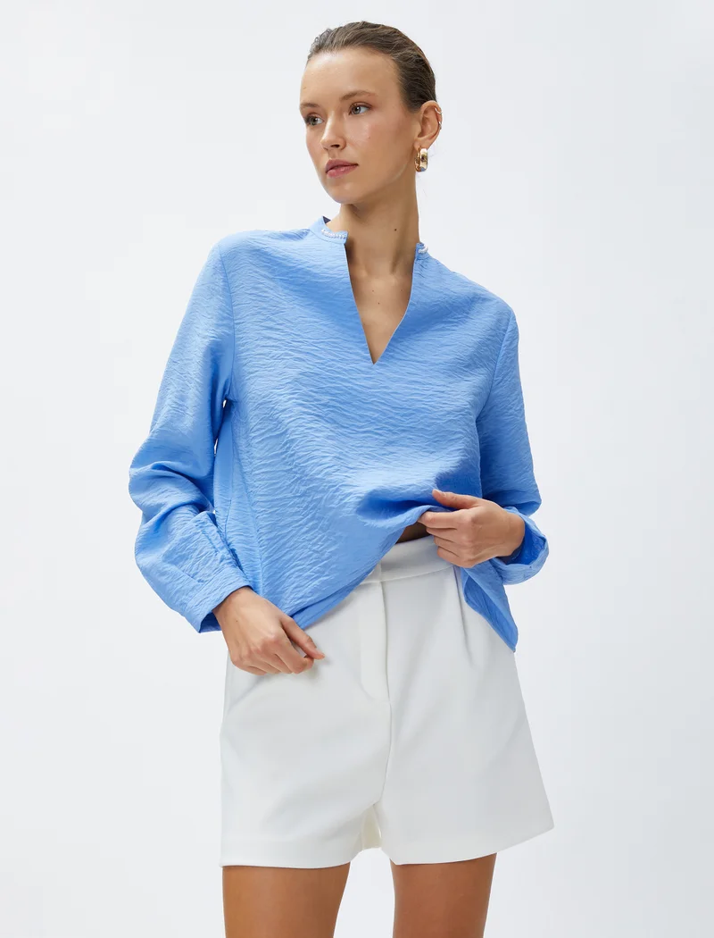 KOTON Pearl Detail Mandarin Neck Blouse