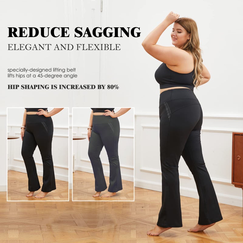 DGD Women's Plus Size Dress Yoga Leggings with Pocket High Waist Stretch Bootcut Flared Leg Pants for Indoor Sport XL-D Black - Image 5