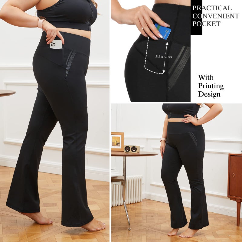 DGD Women's Plus Size Dress Yoga Leggings with Pocket High Waist Stretch Bootcut Flared Leg Pants for Indoor Sport XL-D Black - Image 3