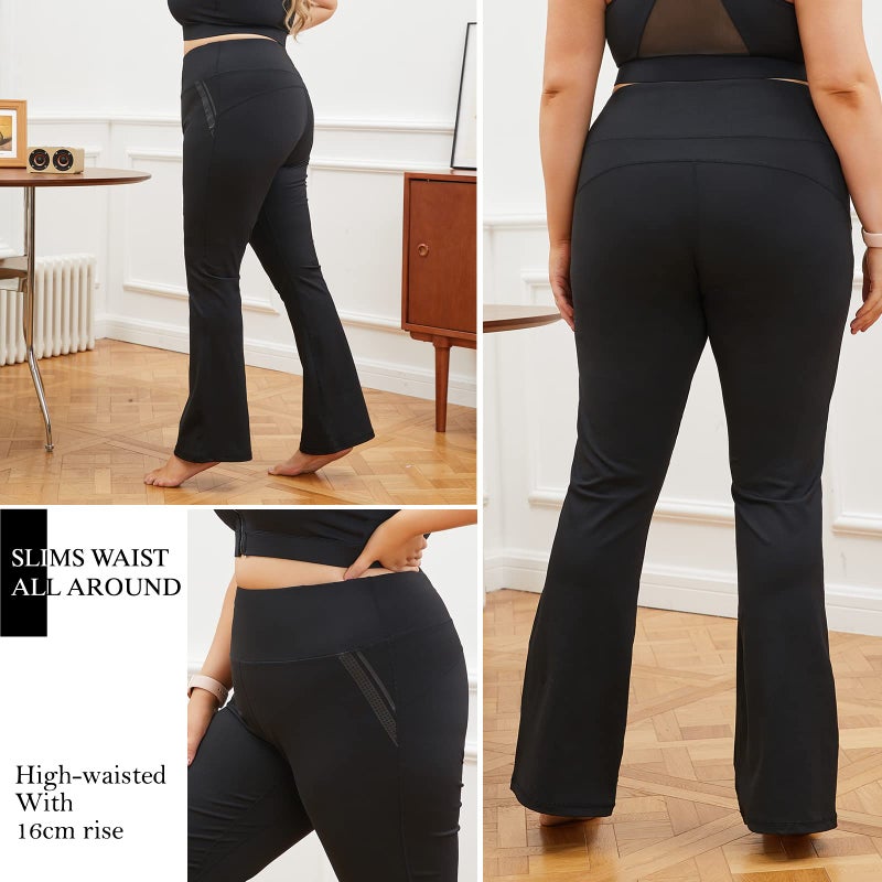 DGD Women's Plus Size Dress Yoga Leggings with Pocket High Waist Stretch Bootcut Flared Leg Pants for Indoor Sport XL-D Black - Image 4