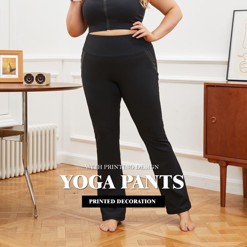 DGD Women's Plus Size Dress Yoga Leggings with Pocket High Waist Stretch Bootcut Flared Leg Pants for Indoor Sport XL-D Black - Image 2