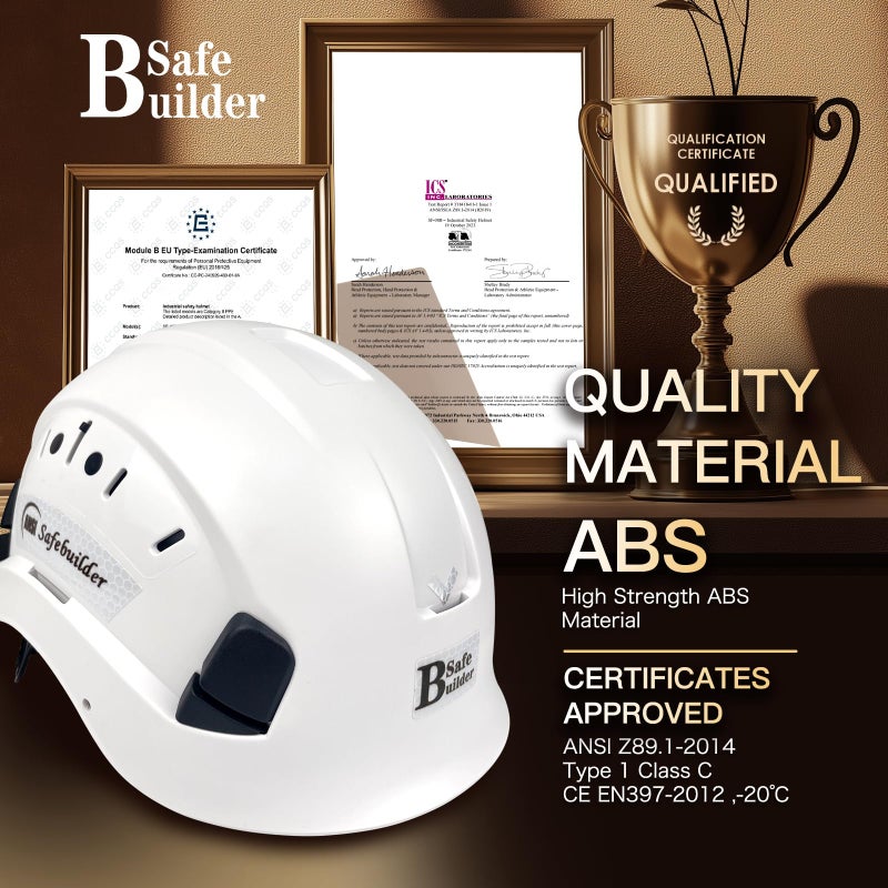 SAFEBUILDER ABS Work-at-Height and Rescue Hard Hat Construction Safety Helmet Slotted Ventilated w/Adjustable Ratchet 6-Point Suspension ANSI Z89.1-14 (01-White Safety Helmet) - Image 3