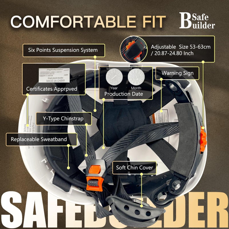 SAFEBUILDER ABS Work-at-Height and Rescue Hard Hat Construction Safety Helmet Slotted Ventilated w/Adjustable Ratchet 6-Point Suspension ANSI Z89.1-14 (01-White Safety Helmet) - Image 4