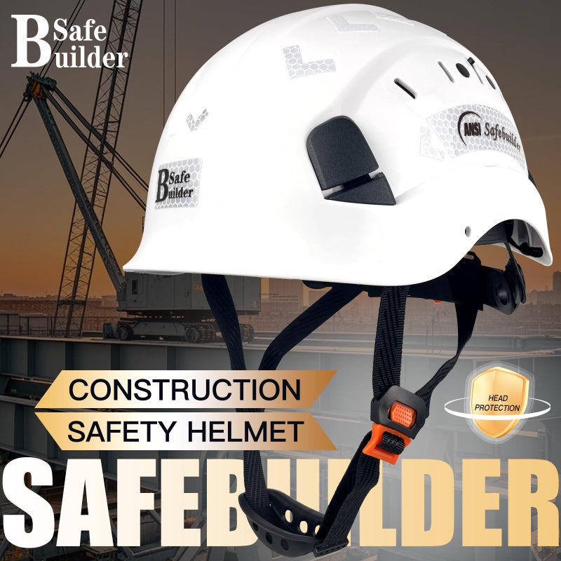 SAFEBUILDER ABS Work-at-Height and Rescue Hard Hat Construction Safety Helmet Slotted Ventilated w/Adjustable Ratchet 6-Point Suspension ANSI Z89.1-14 (01-White Safety Helmet) - Image 2