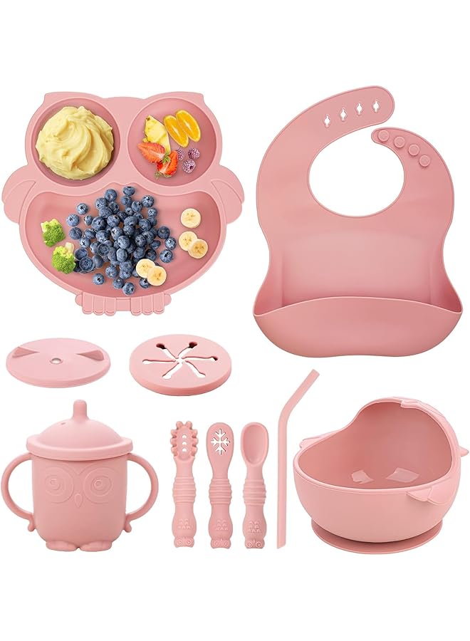 U-HOOME Silicone Baby Feeding Set 10 Pcs Baby Led Weaning Supplies Suction Bowl Divided Plate Toddler Self Feeding Cutlery Set With Spoons Forks Sippy Cup Eating Utensils Baby Essentials Pink - Image 1