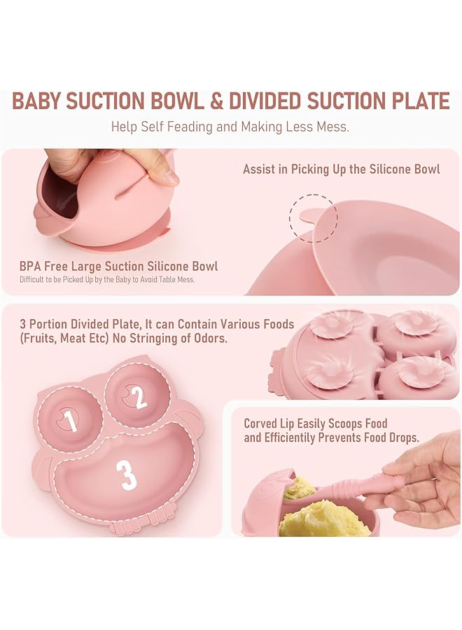 U-HOOME Silicone Baby Feeding Set 10 Pcs Baby Led Weaning Supplies Suction Bowl Divided Plate Toddler Self Feeding Cutlery Set With Spoons Forks Sippy Cup Eating Utensils Baby Essentials Pink - Image 3