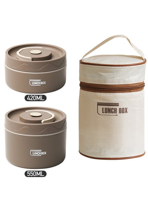 Stainless Steel Thermal Bento Box Leakproof Lunch Box Portable Insulated Lunch Container Set With Bag For Adults Kids Stackable Stainless Steel Food Container (Insulation 2 Layer Coffee 420ml+550ml)