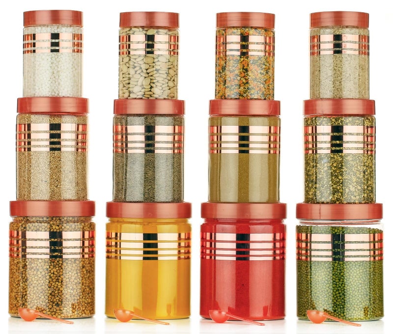 RILION Storage Container Set, 12 Pieces with Spoons, Airtight Kitchen Organiser, 1200ml/650ml/350ml, Rose Gold - Image 1