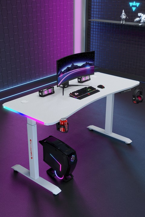 Electric lifting desk, home gaming desk, ergonomic office computer desk, suitable for learning, gaming, work, painting, white 120 * 60 * (72-117 cm) desk frame steel, desktop carbon fiber texture, panel thickness 18mm