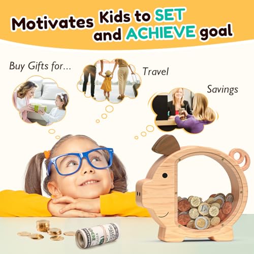 Summidate Wooden Piggy Bank for Kids Large Money Bank for Boys Girls,Cute Unbreakable Wood Money Box, Creative Saving Money Jar Personalized Gifts for Child Birthday Christmas & Decor - Image 4