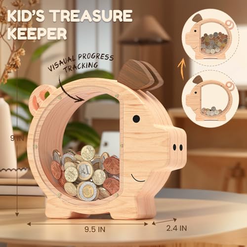 Summidate Wooden Piggy Bank for Kids Large Money Bank for Boys Girls,Cute Unbreakable Wood Money Box, Creative Saving Money Jar Personalized Gifts for Child Birthday Christmas & Decor - Image 5