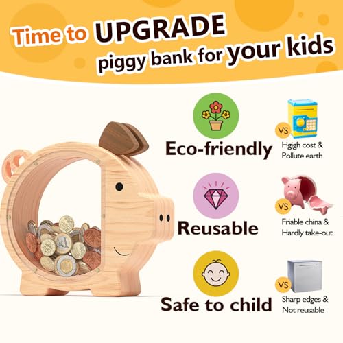 Summidate Wooden Piggy Bank for Kids Large Money Bank for Boys Girls,Cute Unbreakable Wood Money Box, Creative Saving Money Jar Personalized Gifts for Child Birthday Christmas & Decor - Image 3