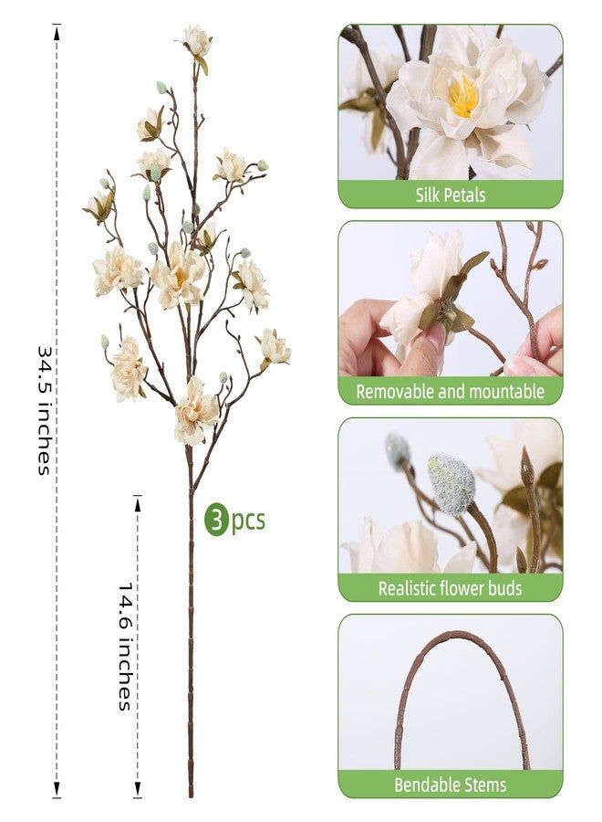HyeFlora 3PCS Artificial Magnolia Flowers Stems for Spring Decoration, Faux Champagne Magnolia Branches with Buds, 34.5" Long Stems Floral Arrangement for Vase Pot Table Centerpiece Indoor Decor - Image 3
