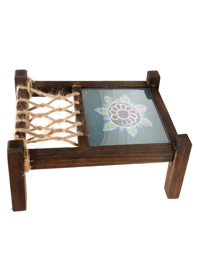 Indha Handcrafted Mini Charpai Coaster Set | Wooden Table Décor for Dining & Living Room | Hand Embroidered Dupion Silk Coasters | Quirky Home Decor & Festive Gift Idea (Teal Green) - Image 3